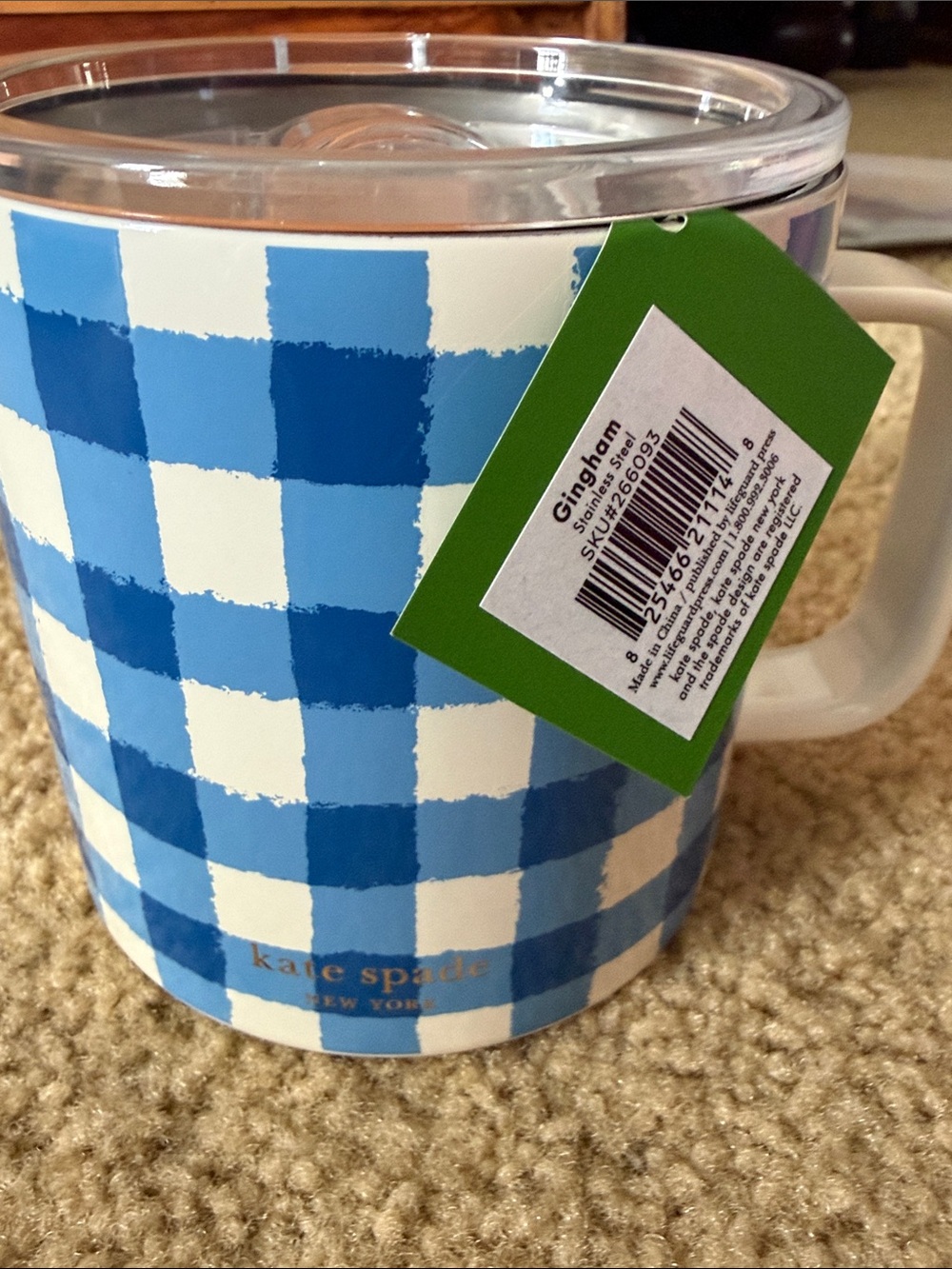 Brand New Kate Spade Insulated Gingham Mig in n Stainless Steel